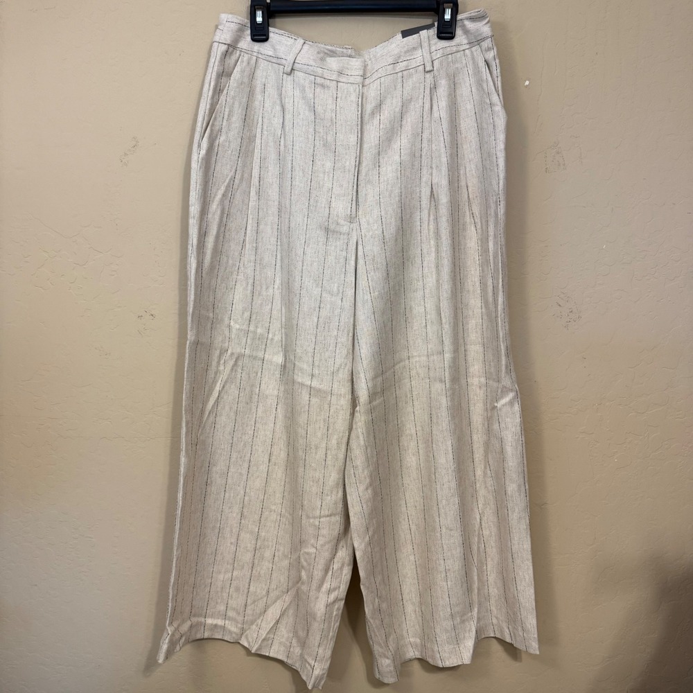 Worthington Wide Leg Pants Women 12 Beige Linen Blend‎ Relaxed Pleated NEW